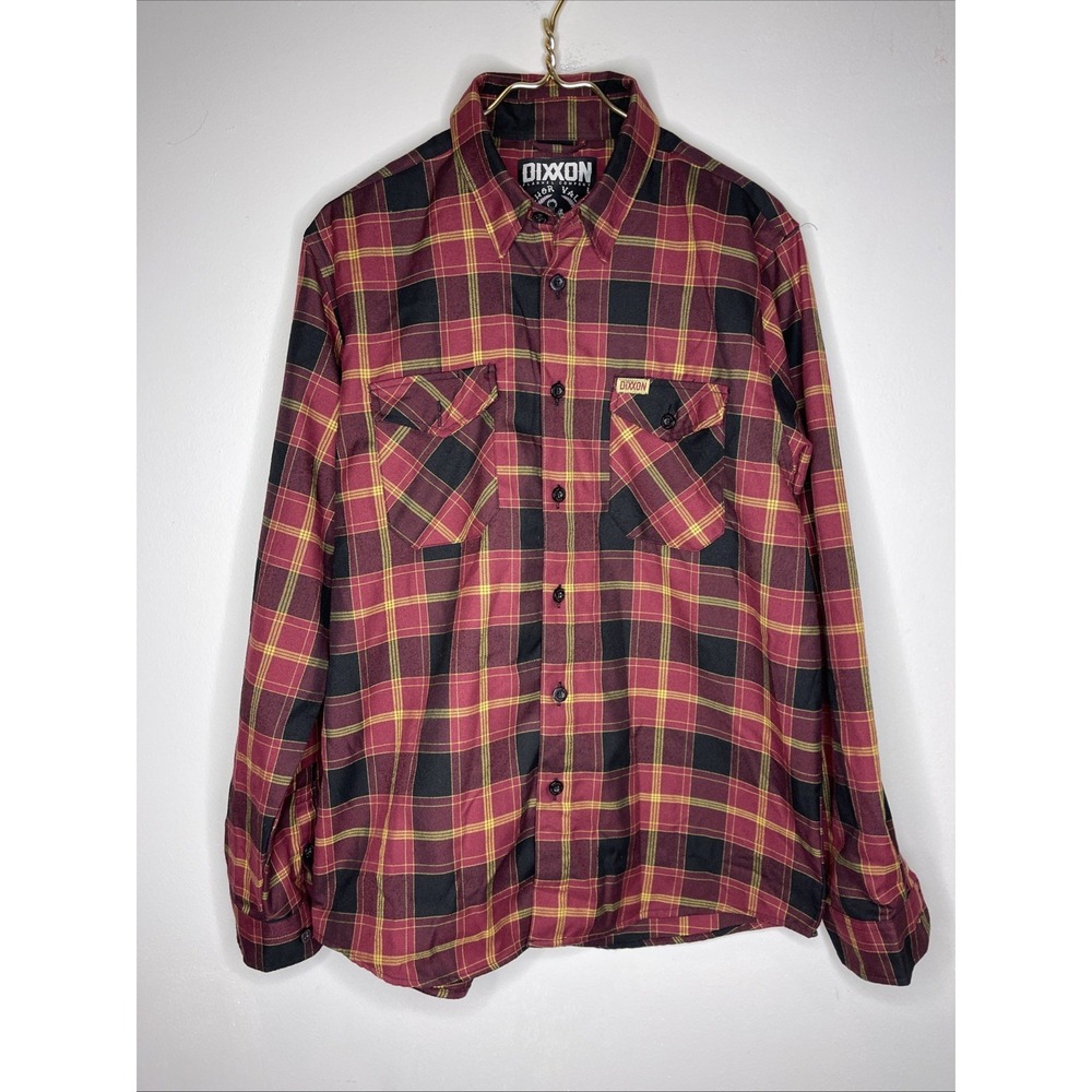 Mens Dixxon Flannel Red Plaid‎ Longsleeve Collar Large L